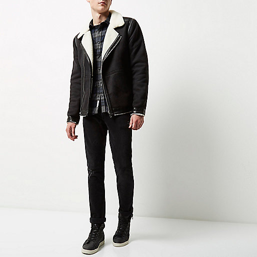 river island grey skinny jeans,Mens Jackets Uk jacques-vertuk Black fleece lined biker jacket Coats / Jackets Sale men