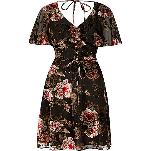 jacques-vertuk Black floral devore tea dress 705589 women Dresses Skater Dresses