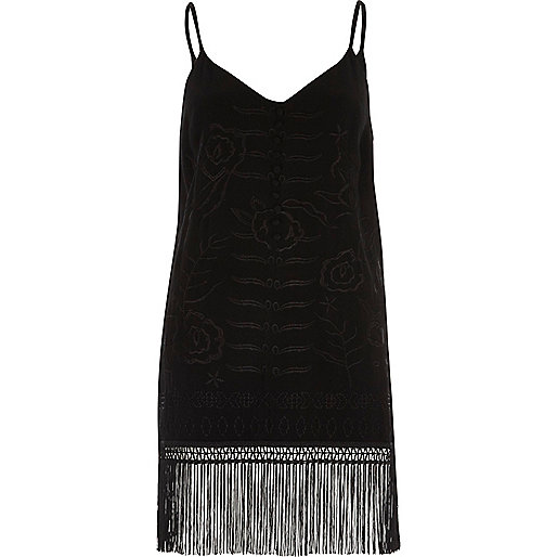 jacques-vertuk Black floral embroidered fringed cami top 703579 women Tops Cami / Sleeveless Tops