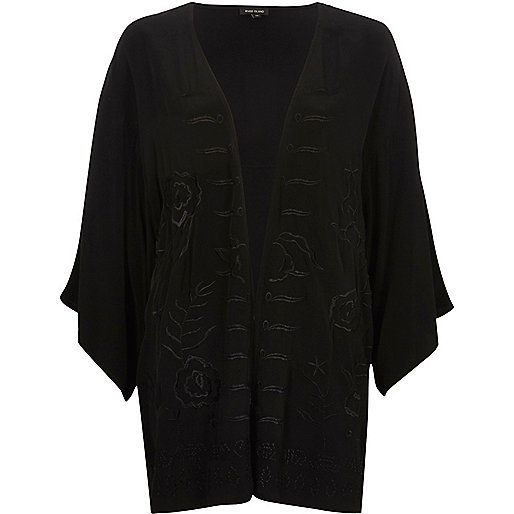 jacques-vertuk Black floral embroidered fringed kimono 704562 women Tops Kimonos