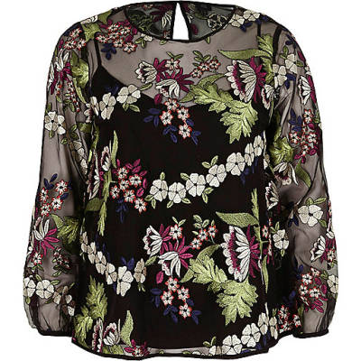 cowboy boots river island,jacques-vertuk London Black floral embroidered mesh long sleeve top women 708973