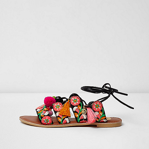 jacques-vertuk Black floral embroidered pom pom sandals 698236 women Holiday Shop