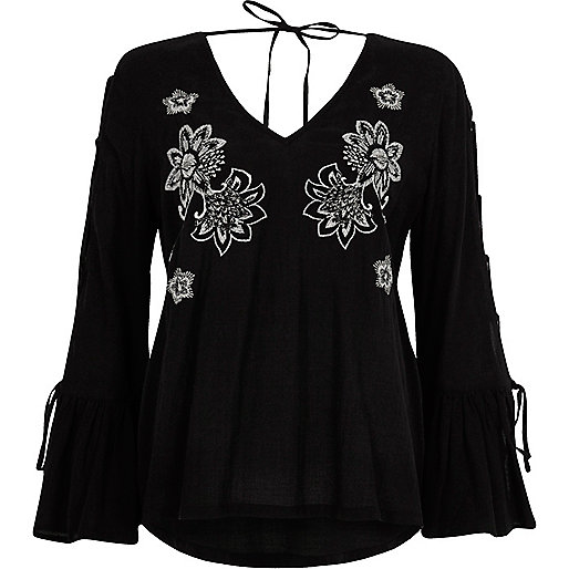 jacques-vertuk Black floral embroidered tie sleeve top 703091 women Seasonal Offers