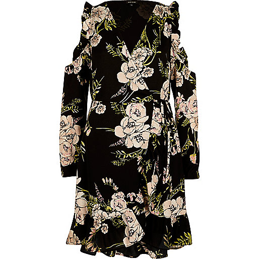 river island black bardot dress,jacques-vertuk Sale Black floral frill cold shoulder wrap dress women 698739