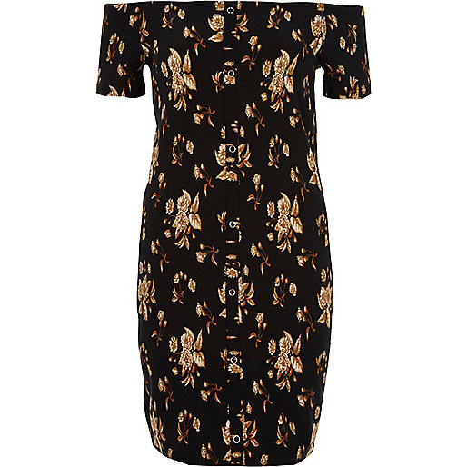 jacques-vertuk Black floral print bardot bodycon mini dress 707638 women Dresses Bodycon Dresses