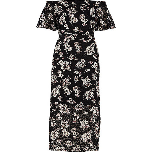 river island black one shoulder dress,jacques-vertuk Sale Black floral print bardot layer midi dress women 701014