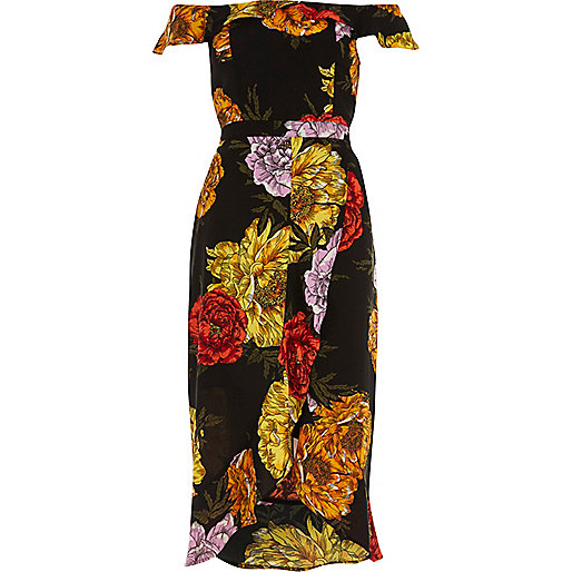 river island showmance dress,jacques-vertuk Pink Jeans Black floral print bardot wrap midi dress Dresses Sale women