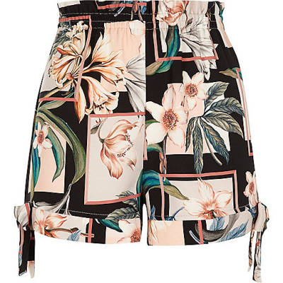 black and gold trainers womens river island,River I8Sland Black floral print bow hem shorts Casual Shorts Shorts women