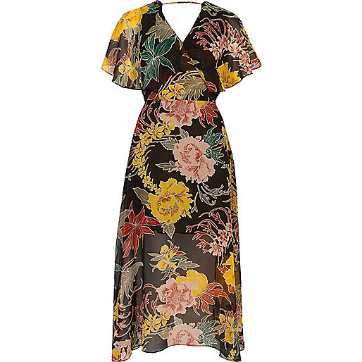 jacques-vertuk Black floral print chiffon cape midi dress 693703 women Dresses