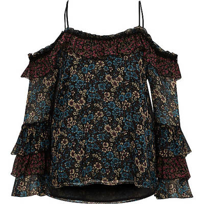 river island wrap top,jacques-vertuk UK Sale Black floral print cold shoulder frill top women 704027