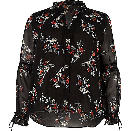 river island coats and jackets,jacques-vertuk UK Sale Black floral print frill long sleeve blouse women 699467