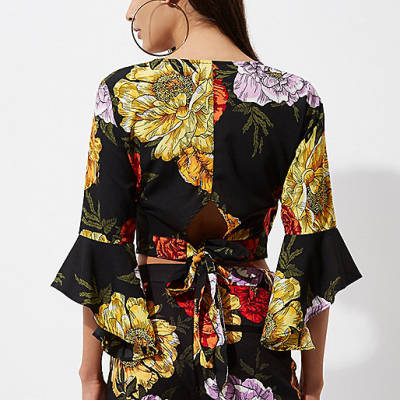 river island holdall weekend bag,jacques-vertuk Irish Website Black floral print frill sleeve wrap crop top Tops Sale women