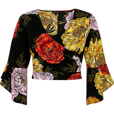 jacques-vertuk Black floral print frill sleeve wrap crop top 702443 women Tops