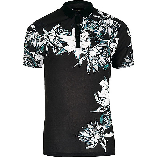 river island knitwear,jacques-vertuk Ireland Black floral print slim fit polo shirt men 300614