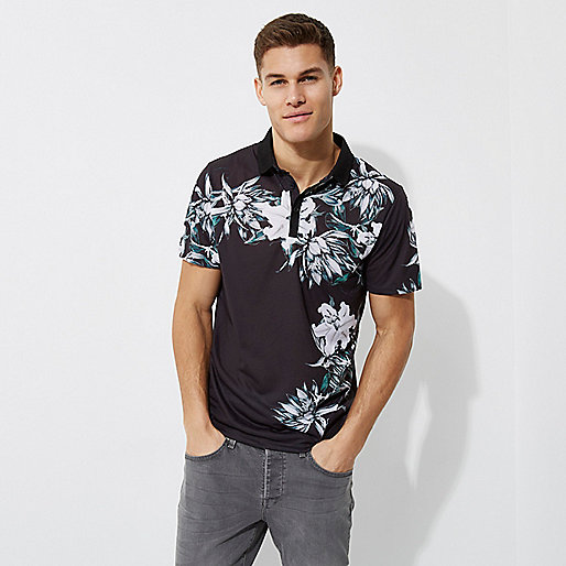 jacques-vertuk Black floral print slim fit polo shirt 300614 men Polo Shirts