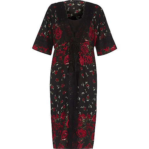 jacques-vertuk Black floral rose print layered kimono dress 699397 women Dresses