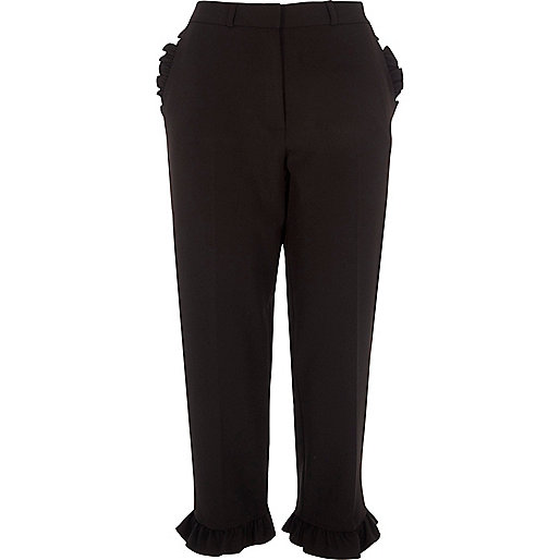 jacques-vertuk Black frill hem cropped straight leg pants 701106 women Trousers Cropped Trousers