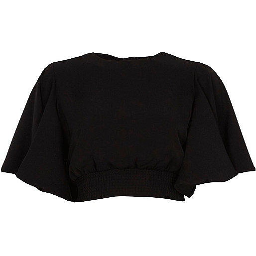 river island black side bag,Womens jacques-vertuk Black frill short sleeve shirred crop top Crop Tops / Bralets Tops women