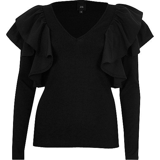 jacques-vertuk Black frill shoulder long sleeve ribbed top 709379 women Tops T-Shirts & Vests Plain T-Shirts / Vests