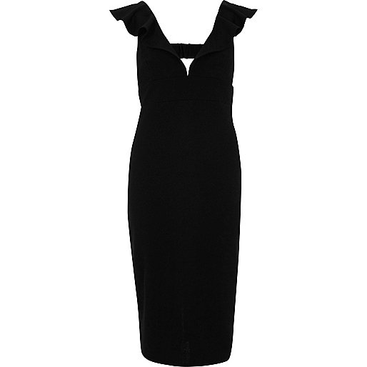 jacques-vertuk Black frill shoulder plunge bodycon dress 708033 women Dresses Bodycon Dresses