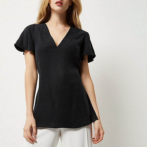 river island leather sandals,A jacques-vertuk Black frill sleeve top Tops Sale women