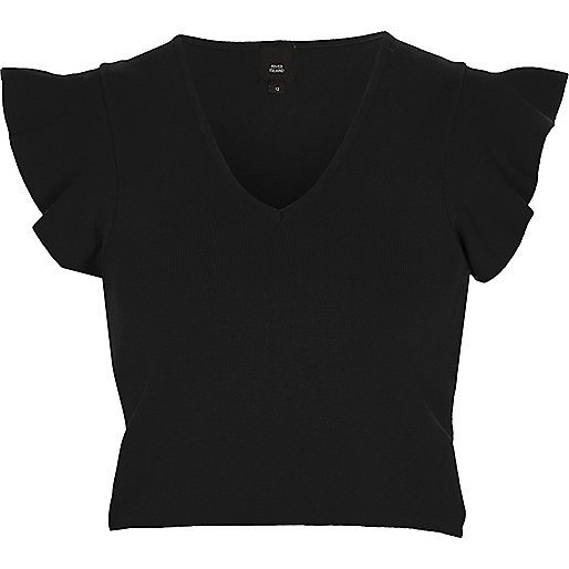 river island winter clothes,jacques-vertuk Shop Black frill sleeve V neck knit crop top women 708038