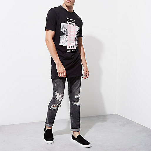 riverislands,jacques-vertuk Uk Jeans Black 'future boroughs' longline T-shirt T-shirts T-Shirts / Tanks men