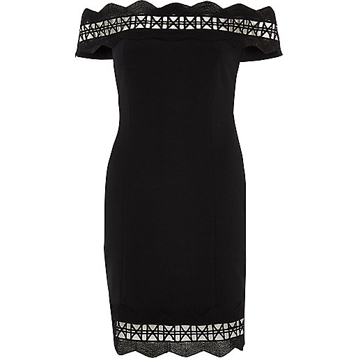 jacques-vertuk Black geo trim bardot bodycon mini dress 709071 women Dresses Bardot / Bandeau Dresses