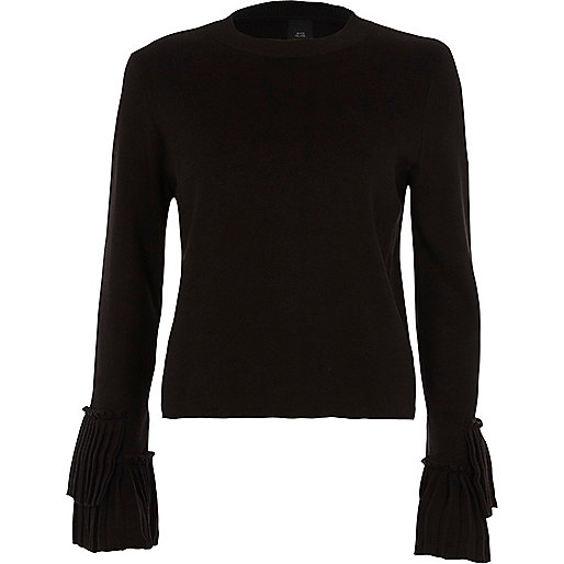 jacques-vertuk Black high neck pleated sleeve knitted top 708048 women Knitwear Knitted Tops