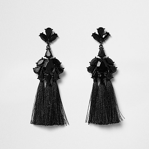 shopper bags river island,jacques-vertuk Denim Shoes Black jewel embellished tassel drop earrings Earrings Jewelry women