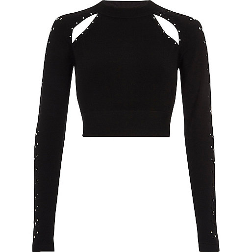 river island camel coat women,Dresses In jacques-vertuk Black knit cut out studded crop top Knitted Tops Knitwear women