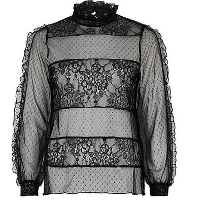 jacques-vertuk Black lace and dobby mesh panel top 700746 women RI Limited Edition