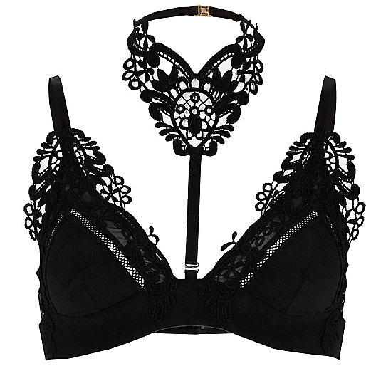 jacques-vertuk Black lace applique choker triangle bra 707428 women Lingerie Bras