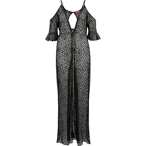 jacques-vertuk Black lace cold shoulder maxi caftan 704813 women Swimwear / Beachwear Kaftans / Cover-Ups