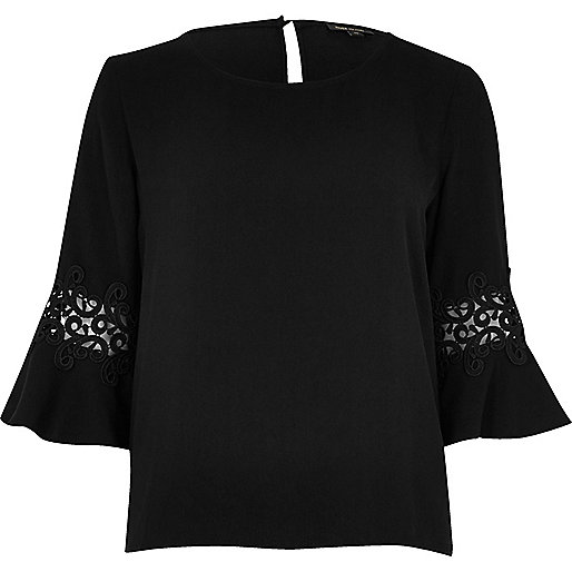 jacques-vertuk Black lace insert bell sleeve top 697560 women Seasonal Offers