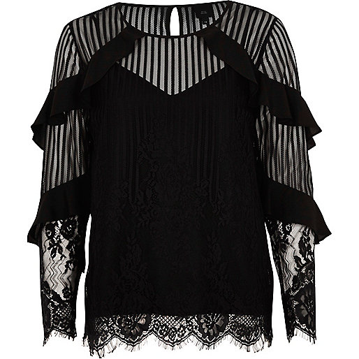 jacques-vertuk Black lace mesh long sleeve top 704064 women Tops Blouses