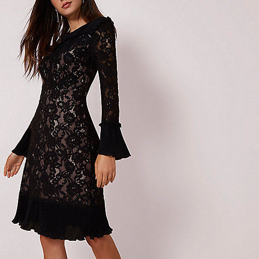 jacques-vertuk Black lace pleated hem bodycon midi dress 703589 women Dresses Bodycon Dresses