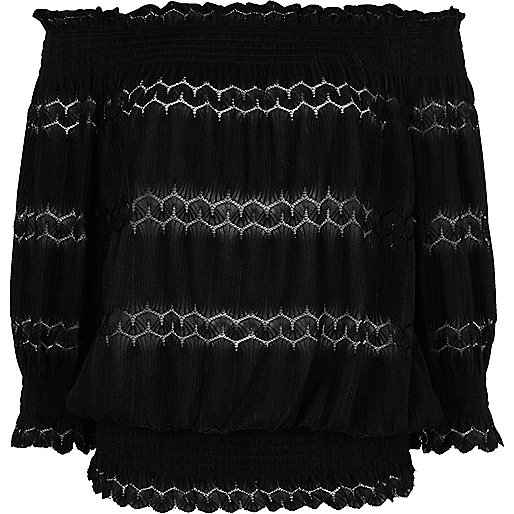 jacques-vertuk Black lace shirred bardot top 704021 women Tops Bardot / Cold Shoulder Tops