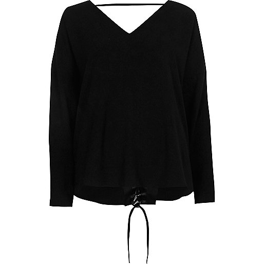 jacques-vertuk Black lace-up back long sleeve top 709821 women Tops Blouses