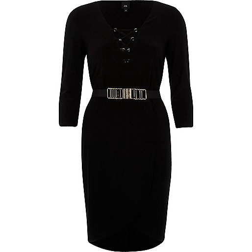 jacques-vertuk Black lace-up front belted bodycon dress 705396 women Dresses