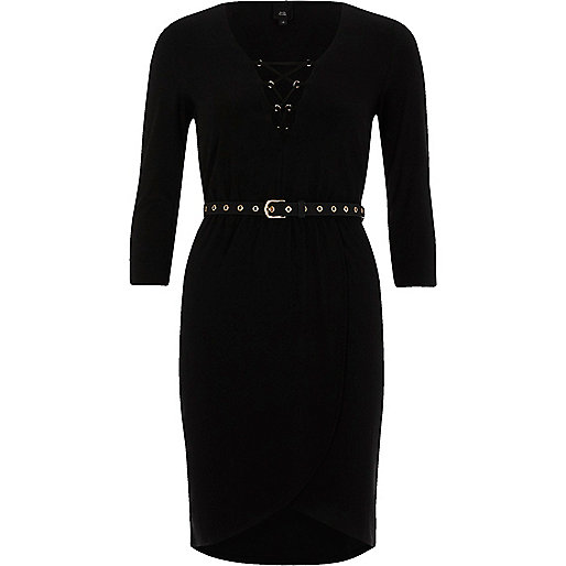 jacques-vertuk Black lace-up front belted bodycon dress 705590 women Dresses Bodycon Dresses