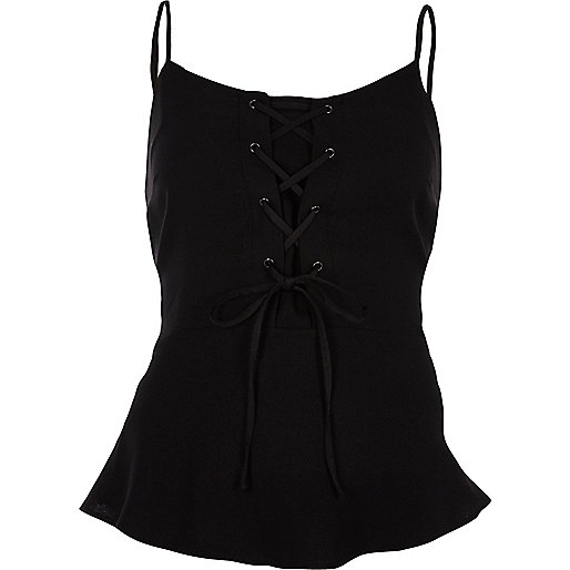 river island black blouse,jacques-vertuk UK Sale Black lace-up front fit and flare cami top women 706942