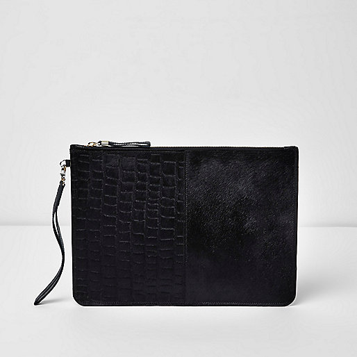 jacques-vertuk Black leather croc embossed clutch bag 706017 women Bags / Purses Clutch Bags