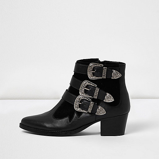 jacques-vertuk Black leather western buckle strappy boots 692088 women Shoes / Boots Boots