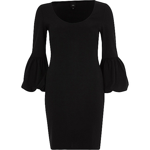 black leather dress river island,jacques-vertuk Online Black long balloon sleeve bodycon midi dress women 706635