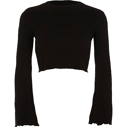 river island in store sale,jacques-vertuk Womens Tops Uk Black long bell sleeve ribbed crop top Crop Tops / Bralets Tops women