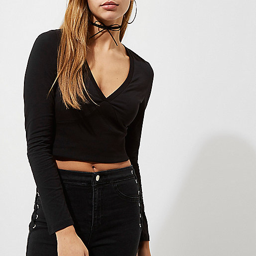 river island abbey centre,jacques-vertuk Ireland Black long sleeve ribbed insert crop top women 708837