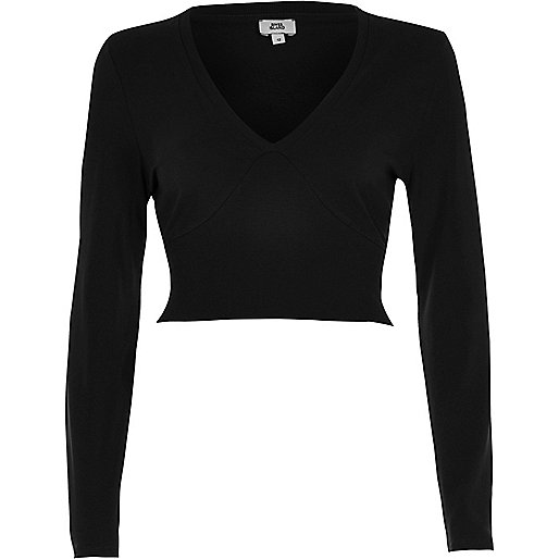 jacques-vertuk Black long sleeve ribbed insert crop top 708837 women Tops Crop Tops / Bralets