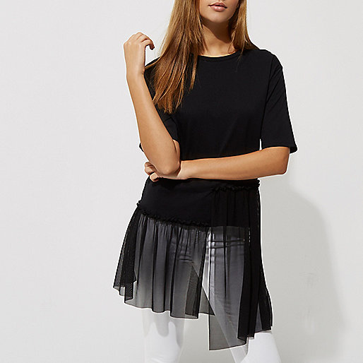 womens river island sliders,jacques-vertuk W Black longline mesh stepped hem T-shirt Plain T-Shirts / Tanks T-Shirts & Tanks Tops women