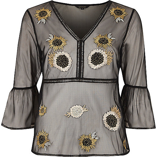 jacques-vertuk Black mesh floral embroidered blouse 699806 women Festival